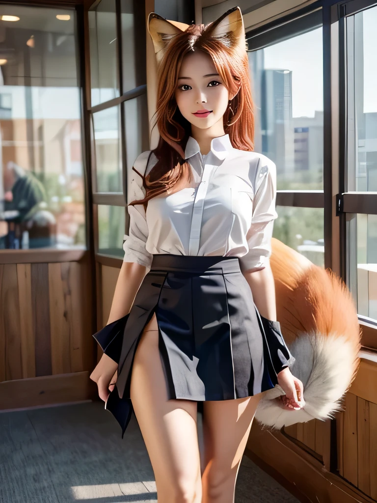 ((Highest quality, 32k)), ((masterpiece)), (Familiar), Perfect Face,  pretty girl, In the office of a high-rise building, She has a bushy tail, (She has one tail of a red fox.:1.3), She stands up her fluffy tail, Beautiful hip line, Small breasts, She wears a business suit, A large tail sticks out, Climbing on all fours, Slender body, She looks shyly at her tail, Her tail pushes up her skirt、Revealing white panties, (A single red fox tail protrudes from the hem of her skirt..:1.4), Embarrassed face