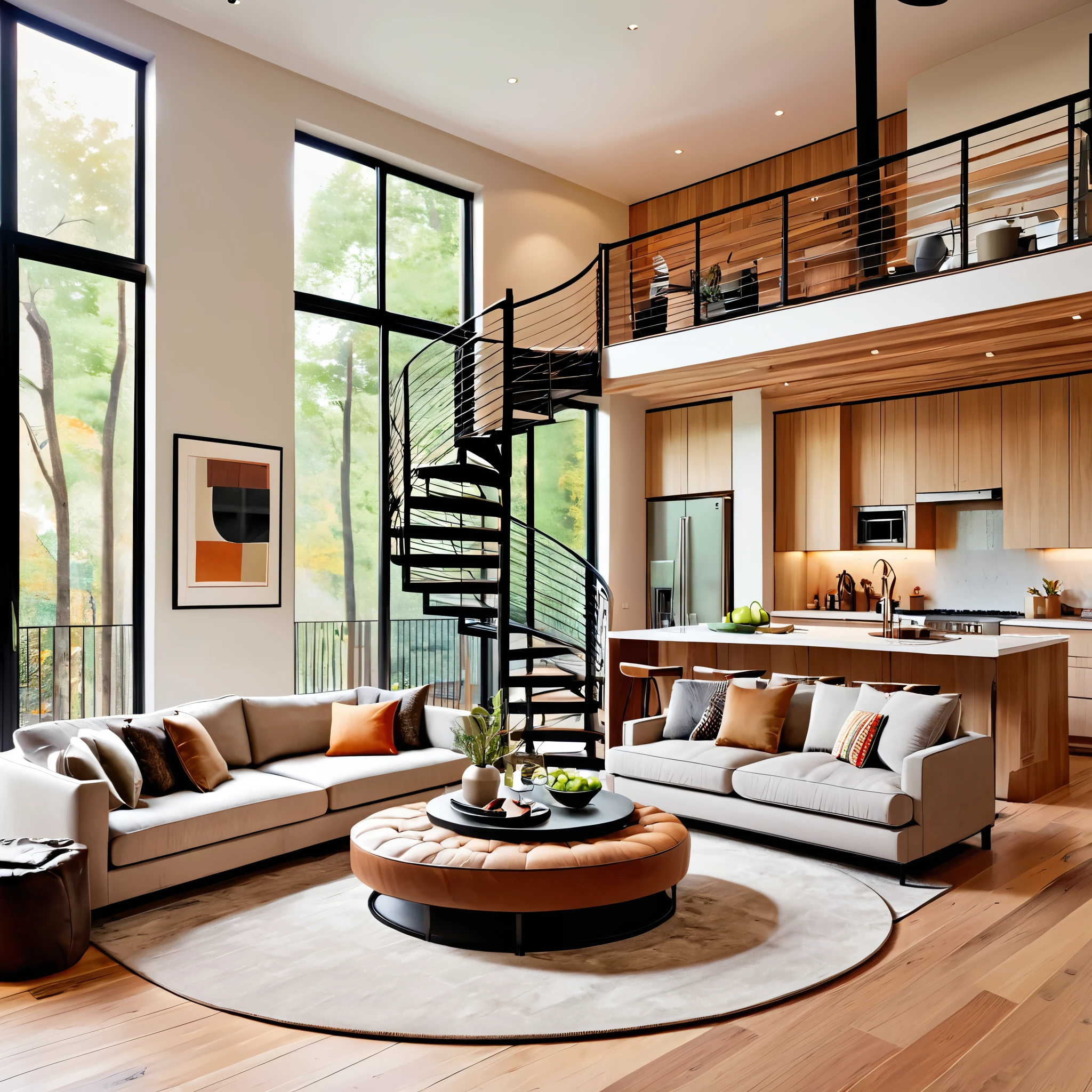 Design a modern and cozy loft living space with an open-plan layout. The room features a stylish spiral staircase leading to an upper level, a comfortable sectional sofa in warm tones, and a large ottoman for relaxation. The flooring is light wood, and a soft rug adds warmth to the space. The dining area includes a round table with contemporary chairs, and the kitchen area features sleek cabinets and modern appliances. The overall design should be a blend of comfort and sophistication, with a focus on clean lines and functional elegance
