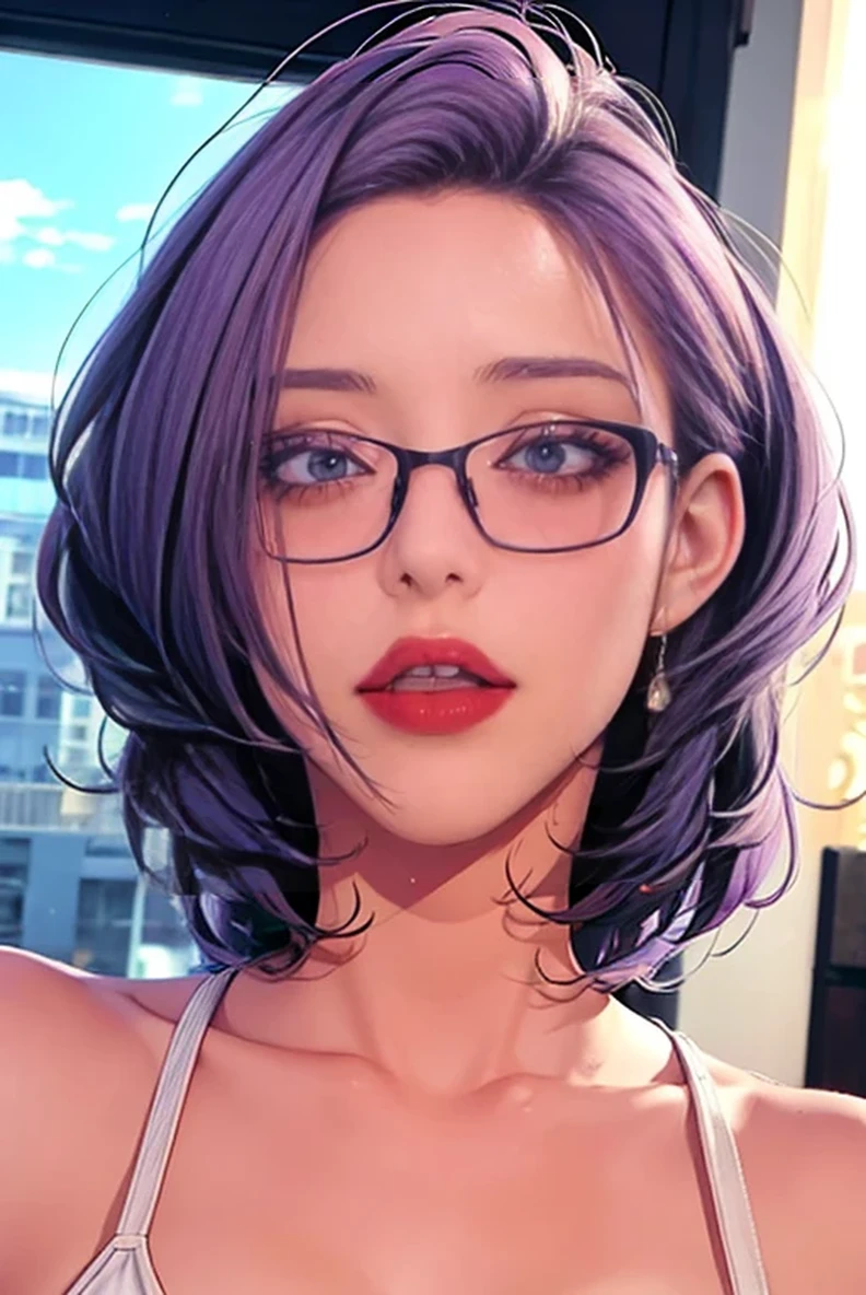 (masterpiece, best quality), 1 girl,   JMT,Glasses,Purple Hair,short hair,Purple Eyes,