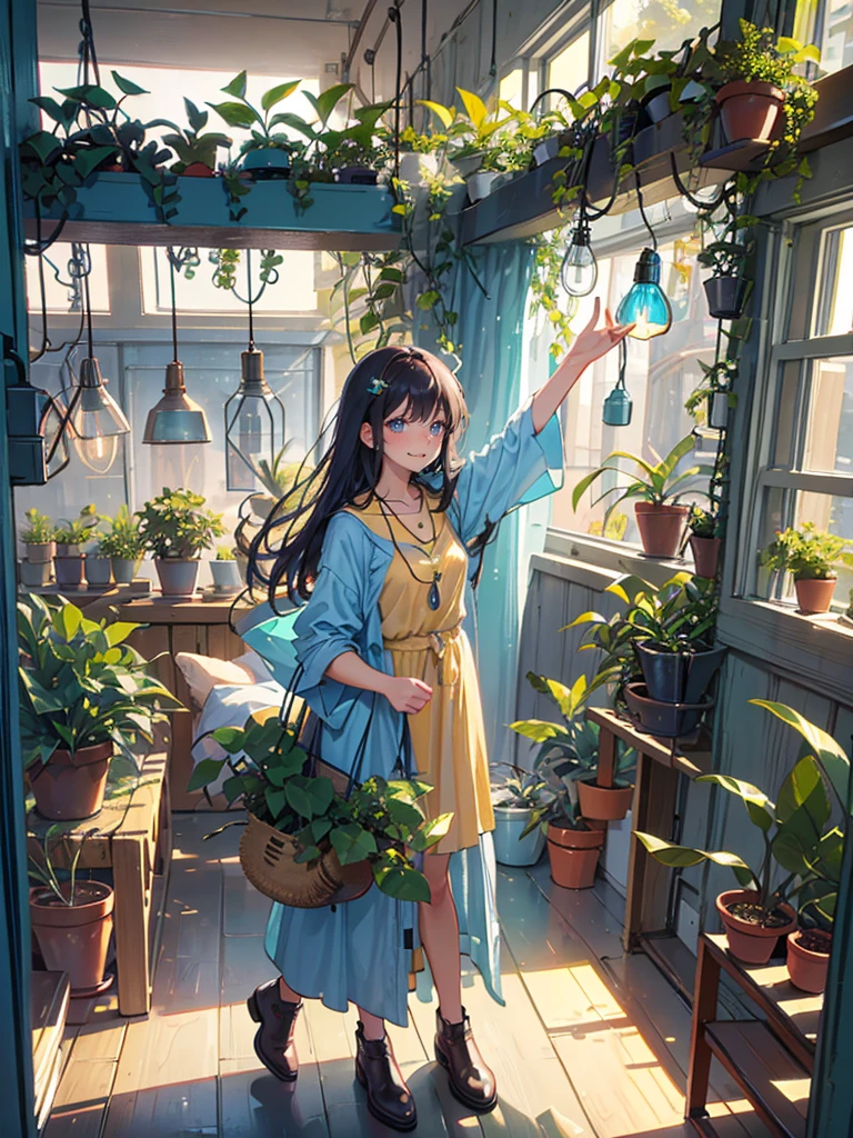 Greeting with a friendly smile, Many pendant lights, Foliage plant, Lots of windows