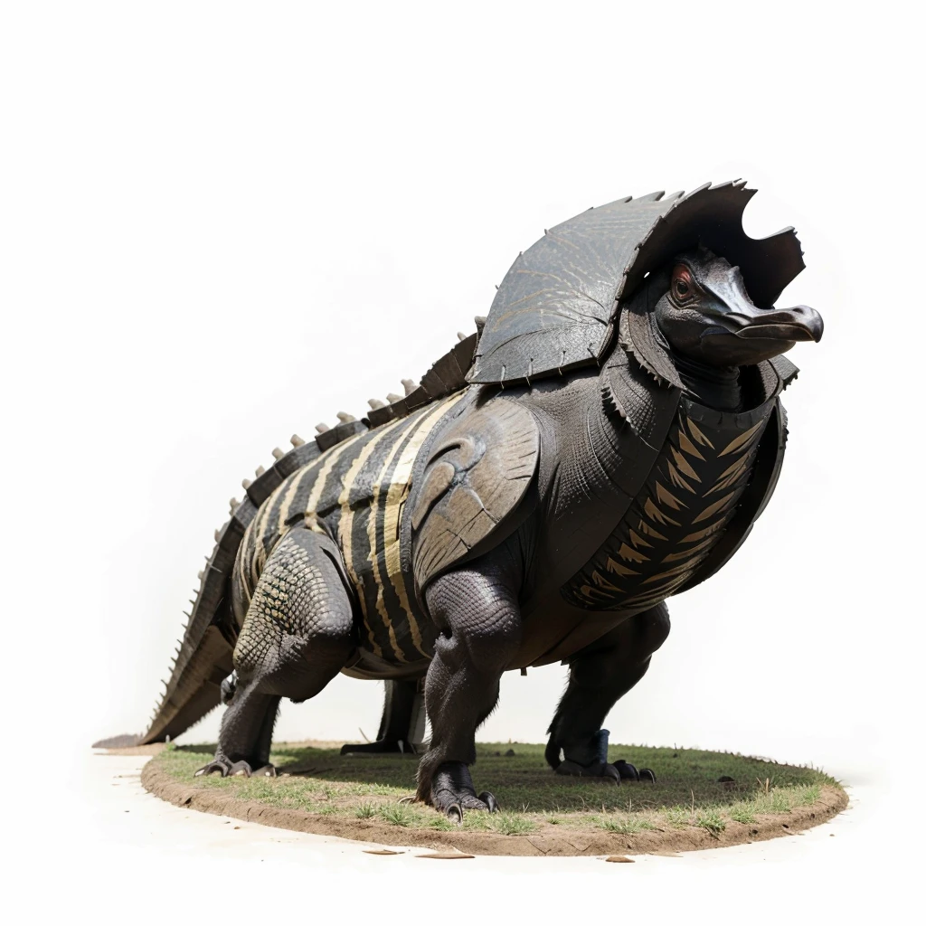 Big Animaly, has grees stripes on his skin, golden eyes, cassowary mixed with stegosaurus, Grassroots, no background