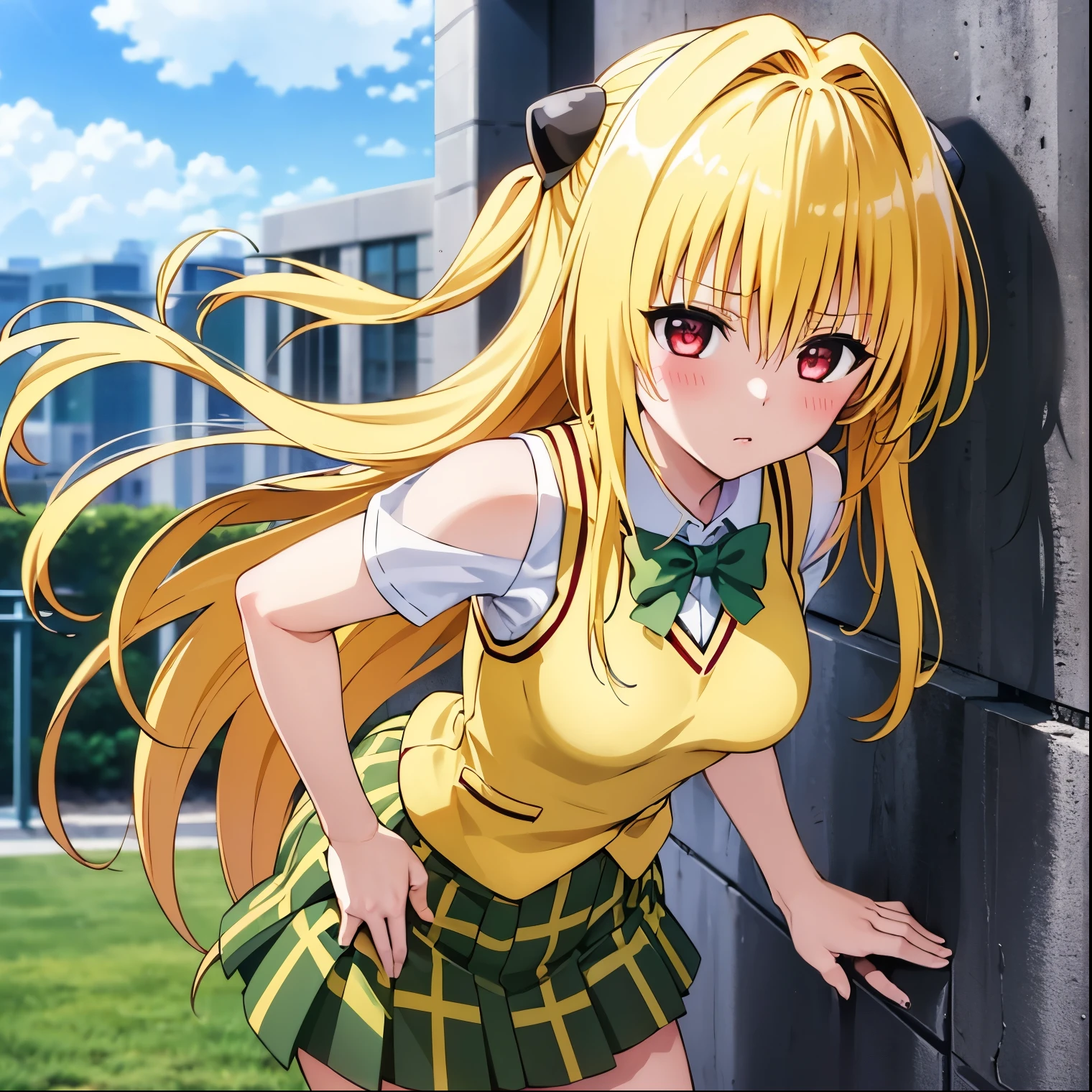 (1girl),(alone), konjiki no yami, (alone), long hair, taiyaki, blonde hair, hairpins, red eyes, very long hair, hair shots, looking at viewer, , (green bow tie:1.1) , (white shirt:1.2), vest, (yellow vest:1.4), (short sleeves:1.2), (plaid skirt:1.3), (green skirt:1.3), medium breasts, narrow waist, wide hips, wide thighs ,round butt, leaning forward, hair between eyes, blush, hair ornament, two sides up, bangs, cowboy shot, dynamic stance, ultra detailed, detailed eyes, sharp focus, masterpiece, stoic expression, blushing ,bare shoulders, standing,outdoor, day, clouds, Japanese school, leaning on the wall:1.5, patio view:1.5, window:1.5, hallway:1.5), perfect hands, perfect anatomy, floating hair, to love- ru, looking forward,((focus on breasts)),pov(from above),perfect anatomy,perfect hands