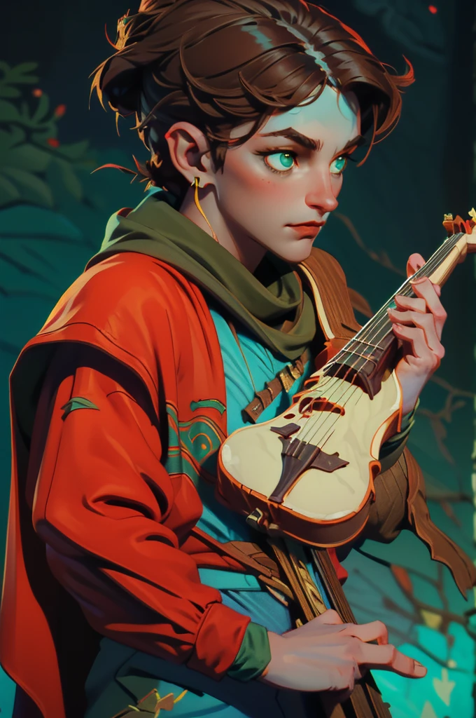 Human male Bard with dark hair very short on the side and green eyes. Wears earrings. Play a violin. surrounded by magical dancing illusions. Wears red clothes and a cape. D&d. Character. Magic. Music. Musican. Bard. Magician.