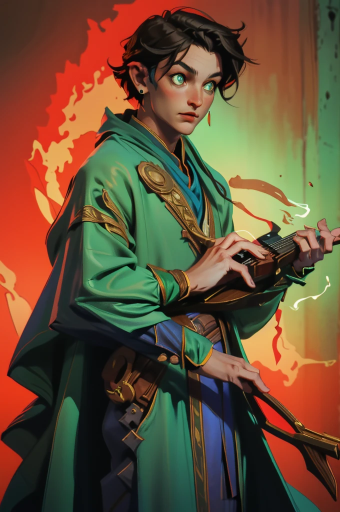Human male Bard with dark hair very short on the side and green eyes. Wears earrings. Play a violin. surrounded by magical dancing illusions. Wears red clothes and a cape. D&d. Character. Magic. Music. Musican. Bard. Magician.