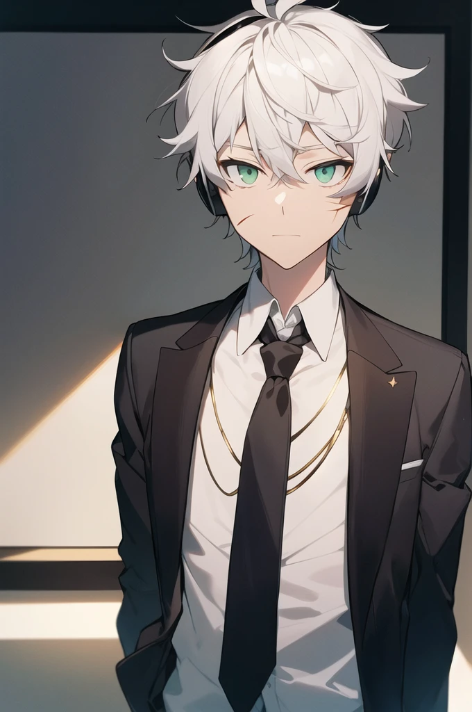 , (extremely detailed CG unity 8k wallpaper),(masterpiece),(best quality),(ultra-detailed),(best illustration),(best shadow),(absurdres), Tendou, necktie, white hair, messy hair formal, suit, scars on arms, green eyes, gold necklace, 1boy, short hair, shirt, looking at viewer, solo focus, solo, tank top, headphone around neck, upper body, scar on face, black shrit, blurry background, collared shirt, black jacket
