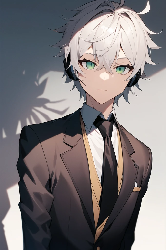 , (extremely detailed CG unity 8k wallpaper),(masterpiece),(best quality),(ultra-detailed),(best illustration),(best shadow),(absurdres), Tendou, necktie, white hair, messy hair formal, suit, scars on arms, green eyes, gold necklace, 1boy, short hair, shirt, looking at viewer, solo focus, solo, tank top, headphone around neck, upper body, scar on face, black shrit, blurry background, collared shirt, black jacket