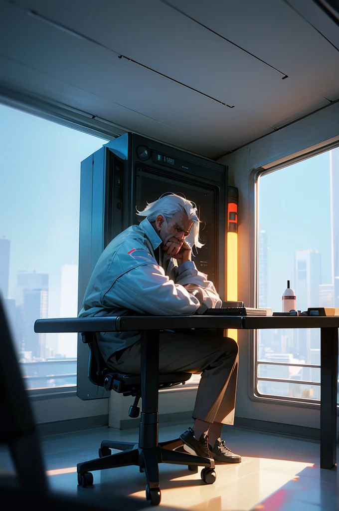 In front of the window there is a computer desk with a monitor and a chair., Futuristic room background, retro Futuristic apartment, Futuristic room, Futuristic interior, Desktop Graphics, Futuristic. Game CG, Futuristic decor, 3D iOS Room Photos, cgsociety 9, Gorgeous 3D rendering, Stunning 3D rendering, Stunning 3D rendering, Cyberpunk apartment, old man sitting, fire