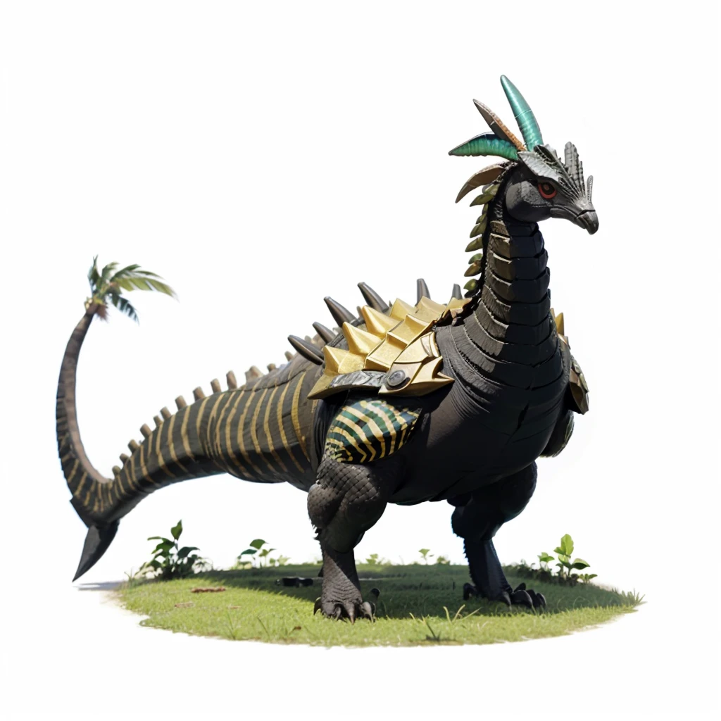 Big Animaly, has grees stripes on his skin, golden eyes, cassowary mixed with stegosaurus, Grassroots, no background