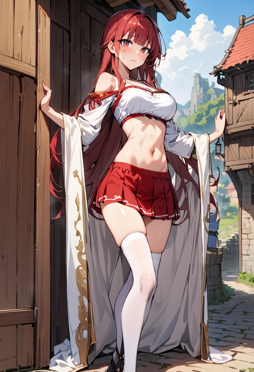 ((masterpiece,Highest quality:1.3)),nsfw,30 year old beauty,独奏,((very small head:1.2)),red hair,long hair,blunt bangs,red eyes,gorgeous eyes,shy,tears,orgasm face,medium breasts,((very long body:1.2)),((toned body,slender body,)),skinny,gleaming skin,shiny skin sweat,A plain, off-white Henley shirt、Long sleeve、Red mini skirt、rural area、sunny、Medieval Europe、