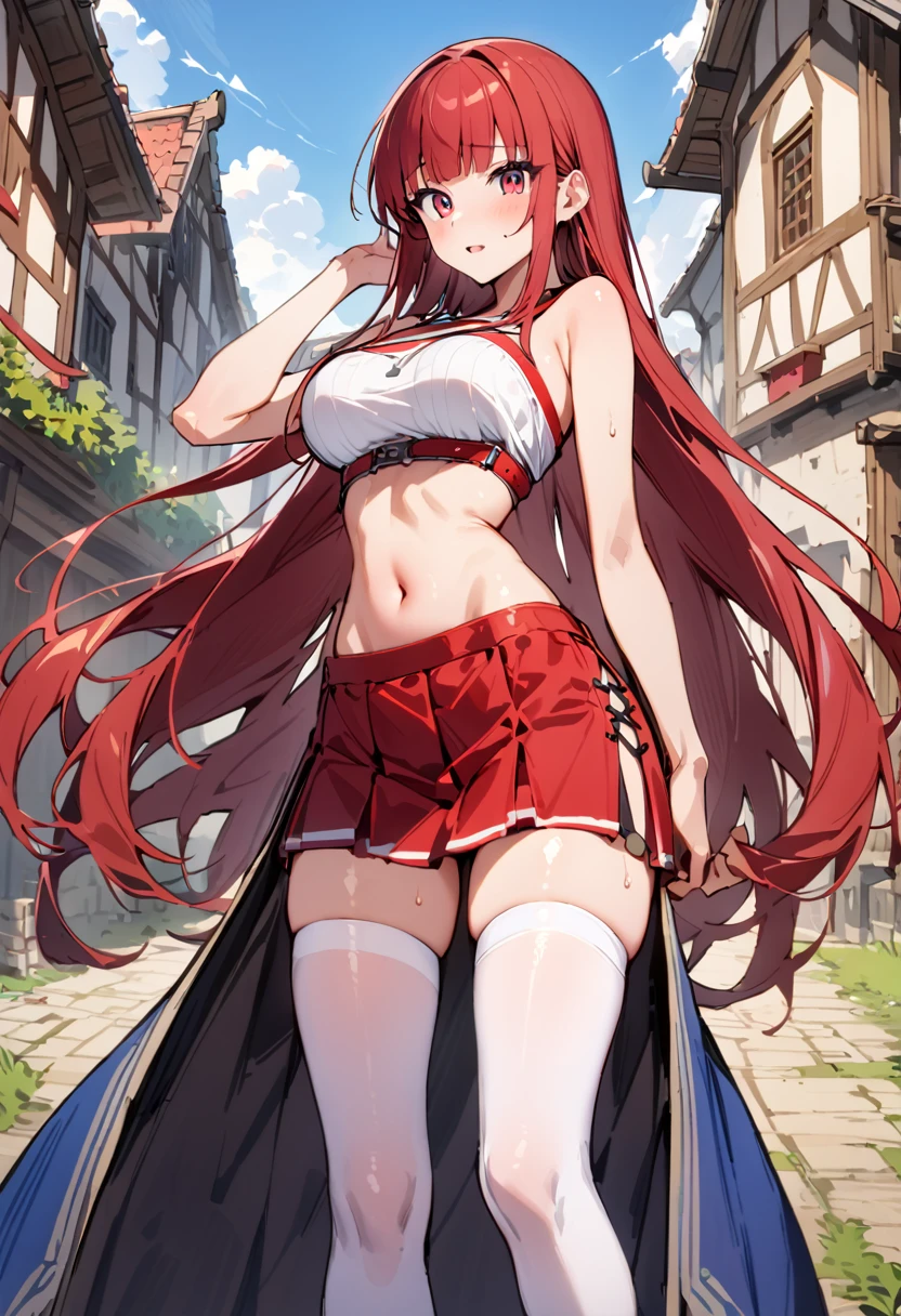 ((masterpiece,Highest quality:1.3)),1woman,30 year old beauty,独奏,((very small head:1.3)),red hair,long hair,blunt bangs,red eyes,gorgeous eyes,shy,medium breasts,((very long body:1.3)),((toned body,slender body,)),skinny,gleaming skin,shiny skin,sweat,((Red pleated mini skirt)),(White tube top、navel、bara shoulder, white_thighhighs),((Red mini skirt))、rural area、sunny、Medieval Europe、