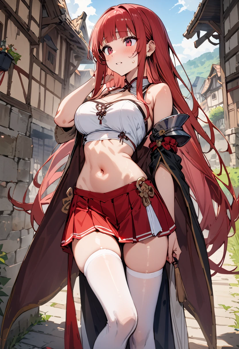 ((masterpiece,Highest quality:1.3)),1woman,30 year old beauty,独奏,((very small head:1.3)),red hair,long hair,blunt bangs,red eyes,gorgeous eyes,shy,medium breasts,((very long body:1.3)),((toned body,slender body,)),skinny,gleaming skin,shiny skin,sweat,((Red pleated mini skirt)),(White tube top、navel、bara shoulder, white_thighhighs),((Red mini skirt))、rural area、sunny、Medieval Europe、