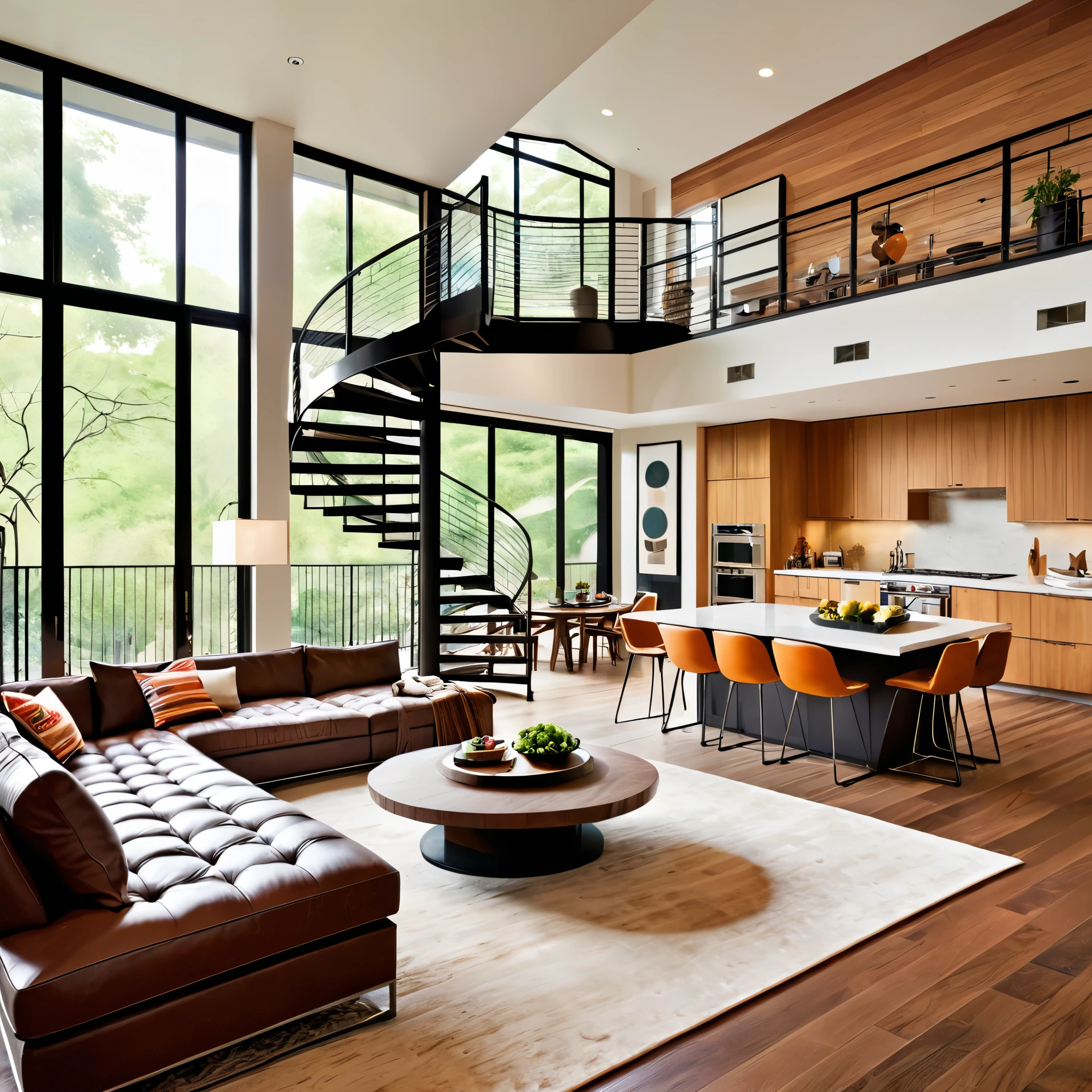 Design a contemporary loft living space that combines comfort and style. The room should feature a warm-toned sectional sofa, a large ottoman, and a soft rug to create a cozy atmosphere. A spiral staircase leads to an upper level, adding a unique architectural touch. The dining area includes a round table with modern chairs, and the kitchen area is equipped with sleek cabinetry and state-of-the-art appliances. The overall design should focus on clean lines, functional elegance, and a harmonious blend of modern and cozy elements.