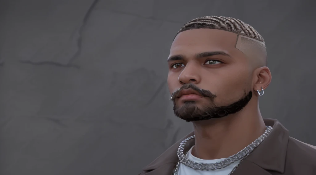Brown light skin middle 20's, with waves and fade haircut ,brown eyes ,with beard and a narrow moustache, gangster looking /wearing earrings and a cuban linkl chain and two sliton right eyebrow