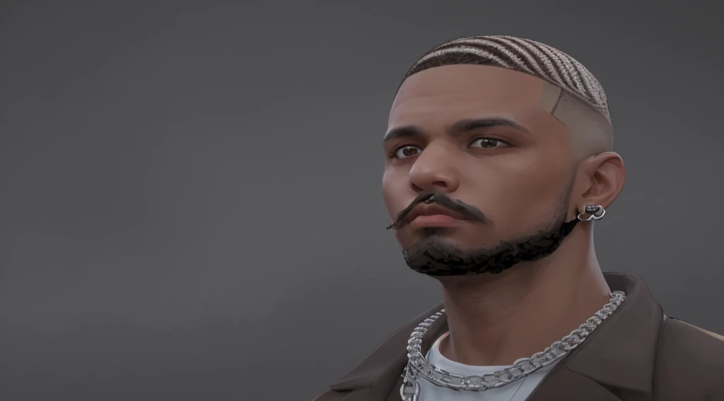 Brown light skin middle 20's, with waves and fade haircut ,brown eyes ,with beard and a narrow moustache, gangster looking /wearing earrings and a cuban linkl chain and two sliton right eyebrow