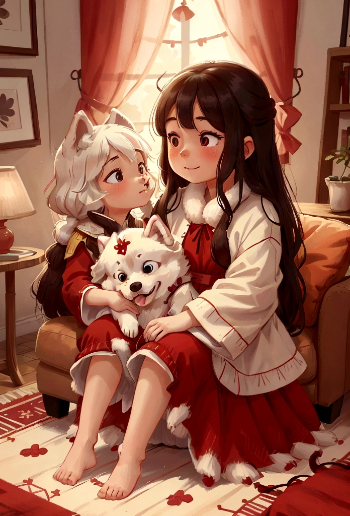 Create a portrait in 4K resolution of a girl in a red dress with a white Siberian Husky dog. The girl should have a joyful and affectionate expression, with her long hair naturally. She is wearing a vibrant red dress. The white Siberian Husky dog, with its striking blue eyes and fluffy coat, is by her side, looking happy and alert. The setting can be a cozy living room, providing a warm and inviting atmosphere. The lighting should be soft and natural, highlighting the bond between the girl and her dog.