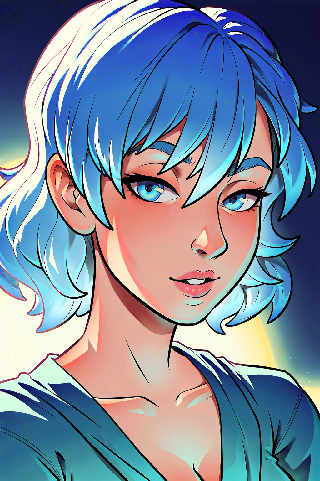 A girl with short light-blue hair, light-blue eyes. She have beautiful pink lips, she look very calm and smart. Ultra detailed, masterpiece, UHD