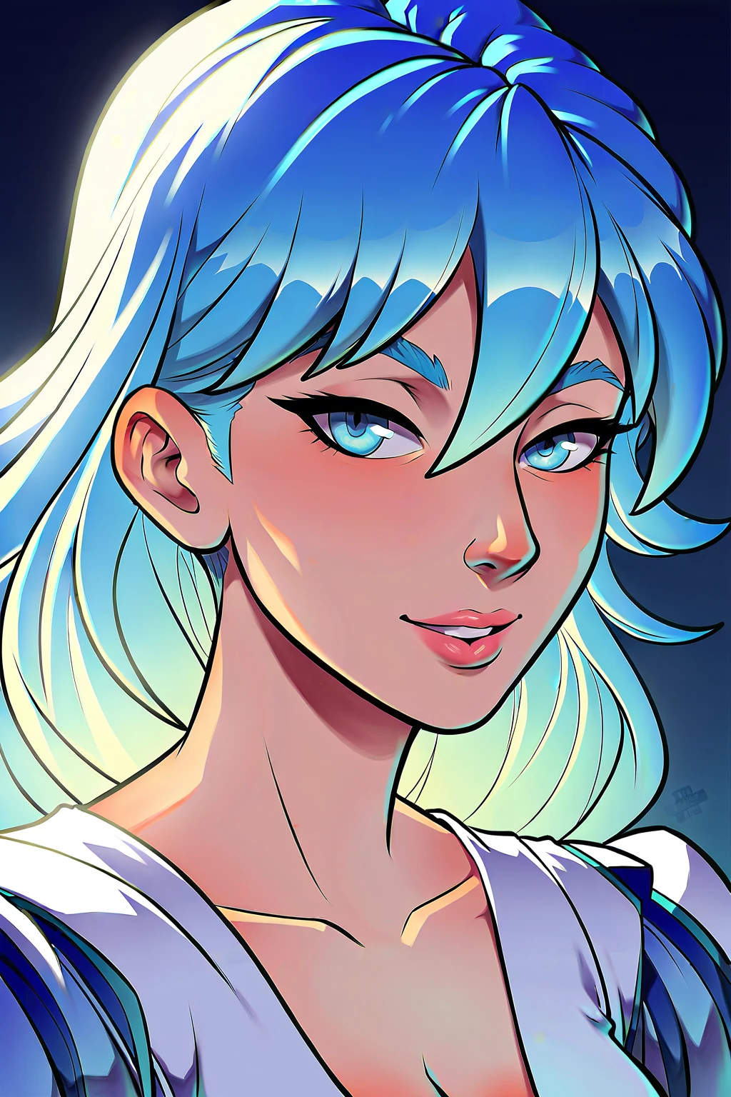 A girl with short light-blue hair, light-blue eyes. She have beautiful pink lips, she look very calm and smart. Ultra detailed, masterpiece, UHD