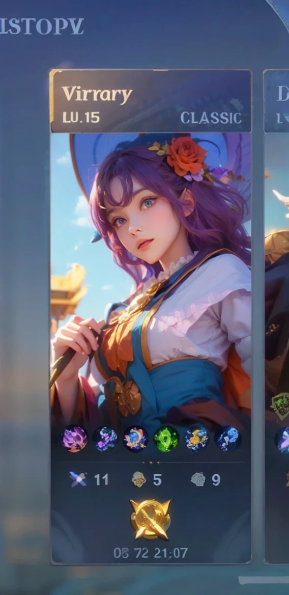 a beautiful girl, perfect face, arms at sides, masterpiece, ultra high res, high quality, 4k, upper body:1.5,  lisa (genshin impact), urple witch hat, green eyes, brown hair, (PureErosFace_V1:0.008), (european:1.6), bangs, dress, rose, jewelry, witch, capelet, purple headwear, black gloves, purple flower, hair between eyes, purple rose, parted lips, purple capelet, hat flower, multicolored dress, hair ornament,  windmill, from side,