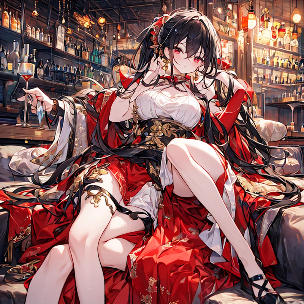 Anime style painting, An illustration, liquor, Woman sitting at a bar drinking a cocktail, 背景の棚には多彩な色のliquor瓶が並んでいる, Quiet bar, Calm expression, Perfect hands, elder, Red Hair, The dignity of a 50-year-old, ほろ酔いのwoman, solo、(Highly detailed background:1.0)、(Highly detailed background:1.0)、masterpiece、Highest quality、(Babes)、Fractal Art、Red eyes、Narrow eyes、Black and red dress, Reddish lips、From the shoulders up、smile、One Woman、Red long ponytail, Curly Hair, Red eyes,Golden accessories, solo, Big Breasts, woman, Take-out, Provocative laughter,40 year old woman,Queen of Sadism, Highly detailed background, Perfect Human Medicine, 