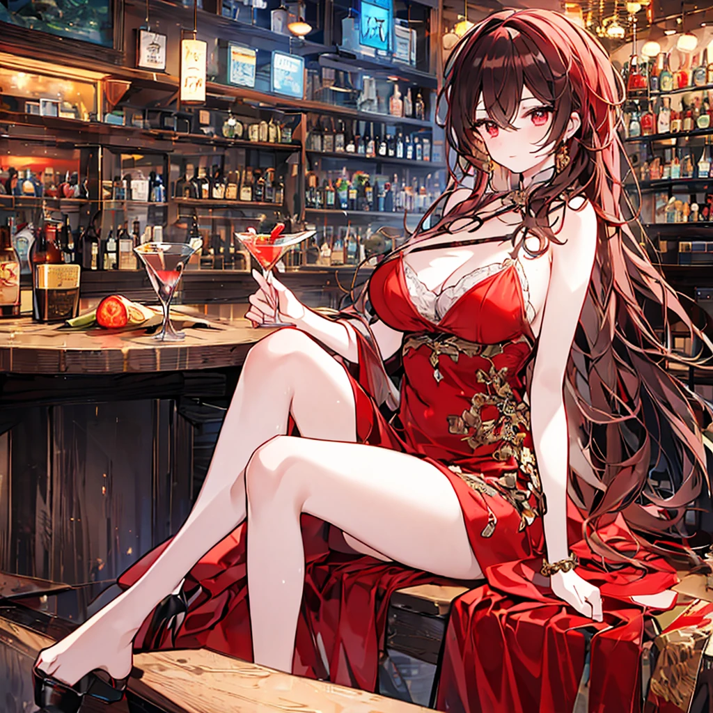 Anime style painting, An illustration, liquor, Woman sitting at a bar drinking a cocktail, 背景の棚には多彩な色のliquor瓶が並んでいる, Quiet bar, Calm expression, Perfect hands, elder, Red Hair, The dignity of a 50-year-old, ほろ酔いのwoman, solo、(Highly detailed background:1.0)、(Highly detailed background:1.0)、masterpiece、Highest quality、(Babes)、Fractal Art、Red eyes、Narrow eyes、Black and red dress, Reddish lips、From the shoulders up、smile、One Woman、Red long ponytail, Curly Hair, Red eyes,Golden accessories, solo, Big Breasts, woman, Take-out, Provocative laughter,40 year old woman,Queen of Sadism, Highly detailed background, Perfect Human Medicine,