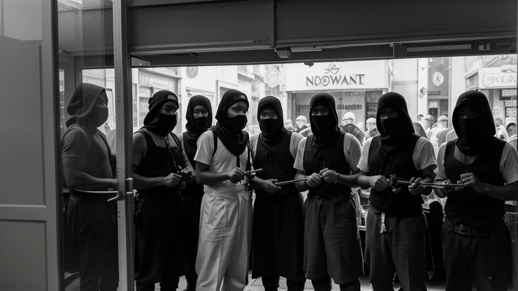 1930s, monochrome photography, A group of terrorists in Southeast Asia, have a hammer, (break a store window), mouth and nose covered with a black bandana, 32K, Best quality, Masterpiece, super detail, High Details,
