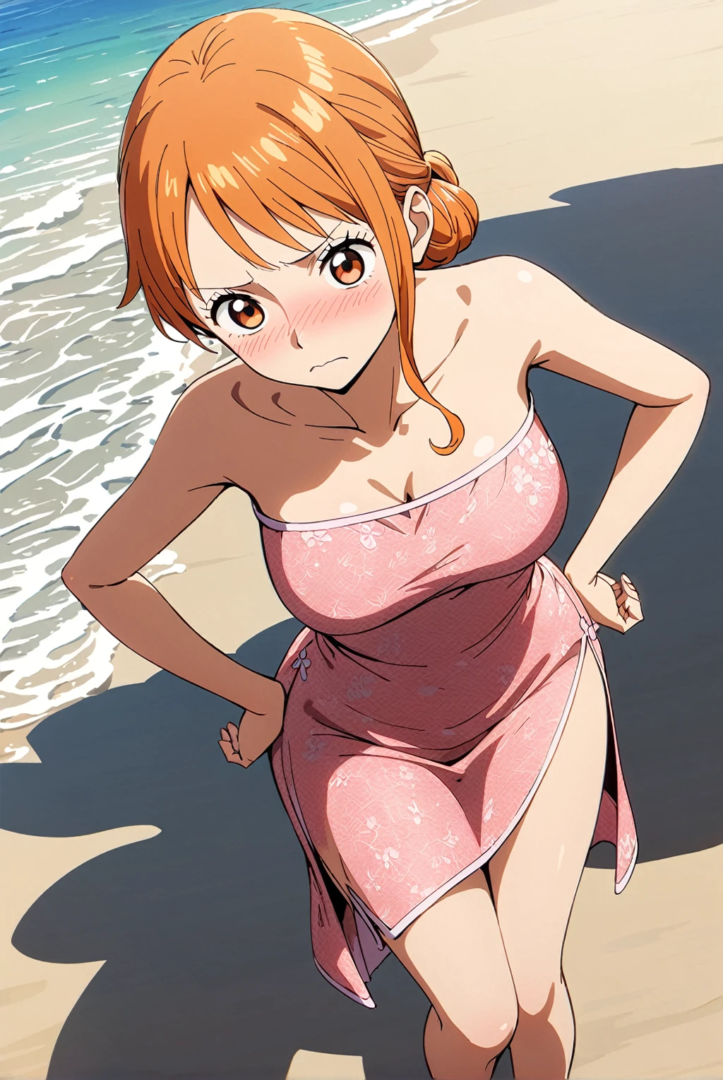 Nami, Nami One Piece, 1girl, solo, shy expression, blushing, 1girl, solo, shy expression, pink cheongsam, floral pattern, high slit dress, off-shoulder, perspective starts from the feet, elegant posture, hands on hips, slightly turned Front bent, bent legs, beach background, seaside scenery, sunlight from above, anime style, high reproduction, detailed lines, soft brightness, brightness, high detail, high brightness, complex shadows, textured texture, smooth transitions