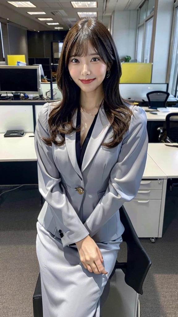Generate an image of an office lady. She is dressed in professional business attire, including a blouse, blazer, skirt or slacks, and high heels. She has a confident and approachable demeanor, with a friendly smile. The background should depict a modern office environment with desks, computers, and office supplies
