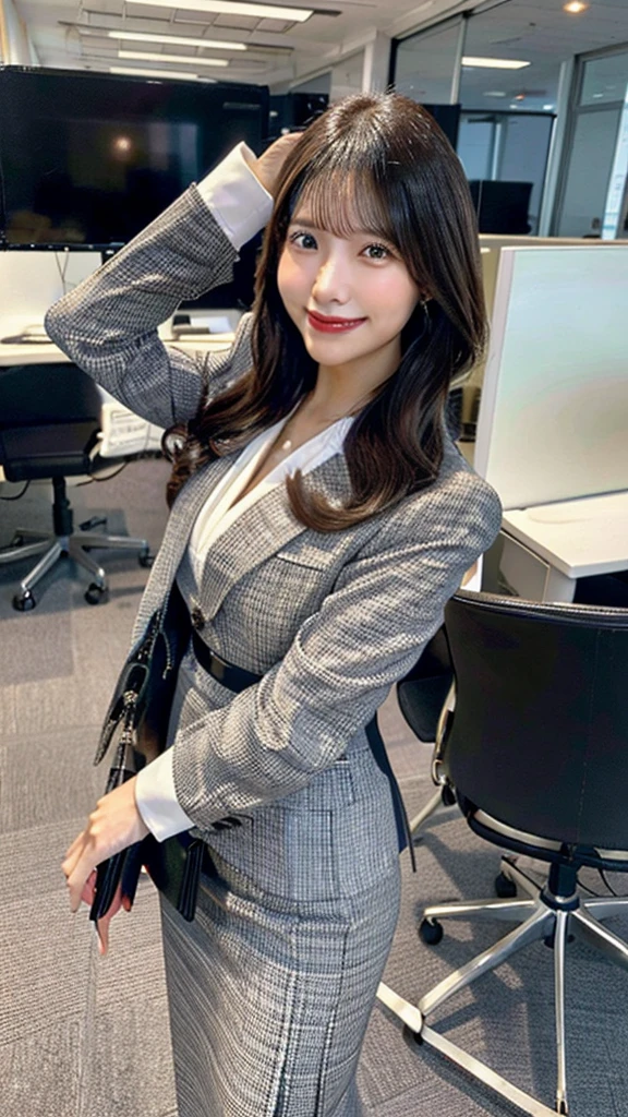 Generate an image of an office lady. She is dressed in professional business attire, including a blouse, blazer, skirt or slacks, and high heels. She has a confident and approachable demeanor, with a friendly smile. The background should depict a modern office environment with desks, computers, and office supplies