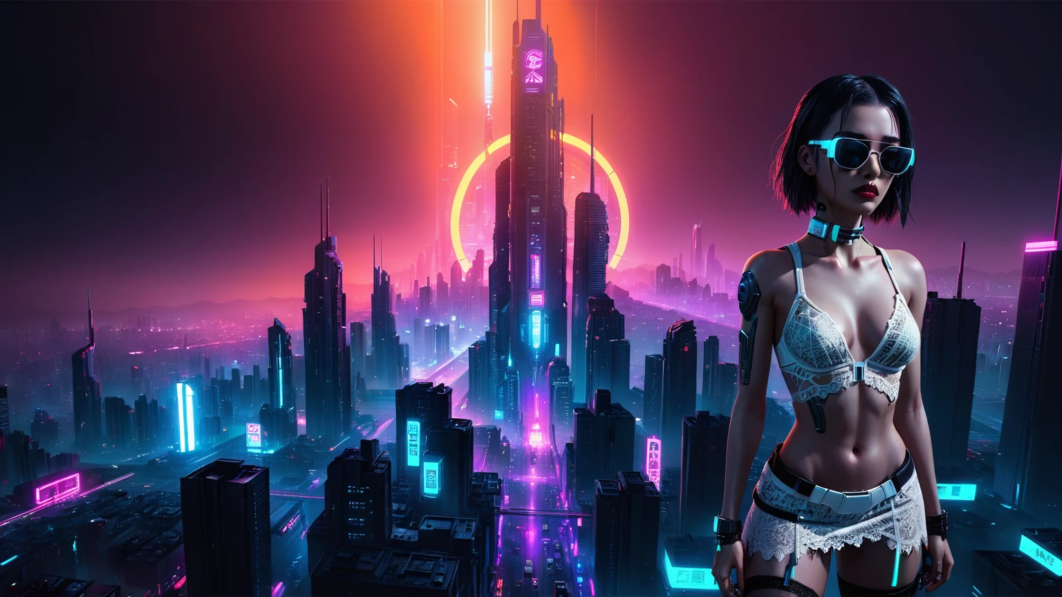 (((1woman, solo))), rainbow light, 3d neon art of a woman's body, cyberpunk femme fatale, seductive cyberpunk dark fantasy, cyberpunk 20 y. o large-breast:1.2 model girl, (((with black miniskirt and white lace panty, with matrix style black micro sunglasses))), oppai cyberpunk, banner, high definition cgsociety, cgsociety masterpiece, trending on cgstation, kda, (((((aerial view))))) image of neon-noir cyberpunk city in the background.