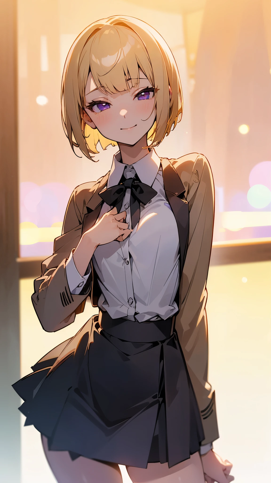 1 Girl、8K、Sharp focus、(Bokeh) (Highest quality) (Detailed skin:1.3) (Intricate details) (anime)、(blonde)、short hair、Bobcut、Blunt bangs、Beautiful purple eyes、Slender body、White shirt、Black mini skirt、Black Fitted Blazer、Calm face、Mouth closed、Cheeky Smile、Squint your eyes、Park in the background、sunset、Soft lighting.