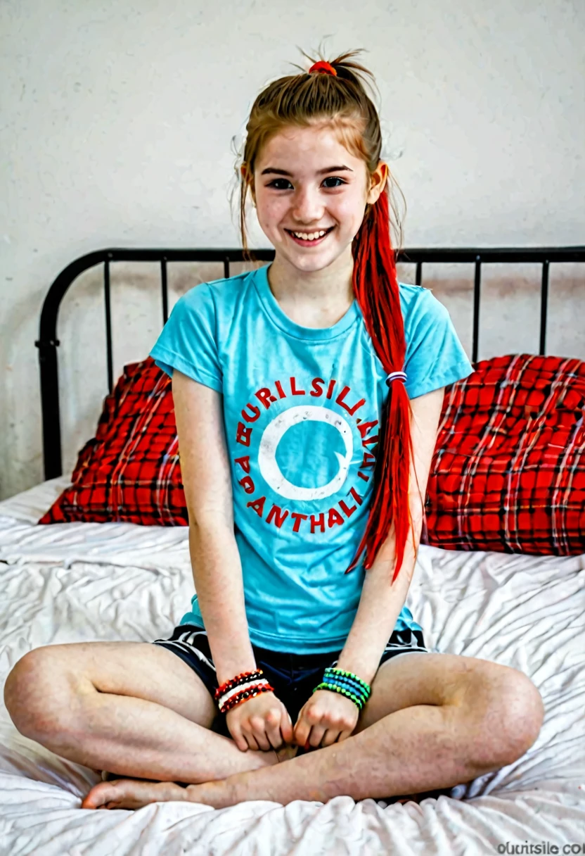 Red ponytail hair pale skin tin kurdish in house smiling bracelets sitting on bed