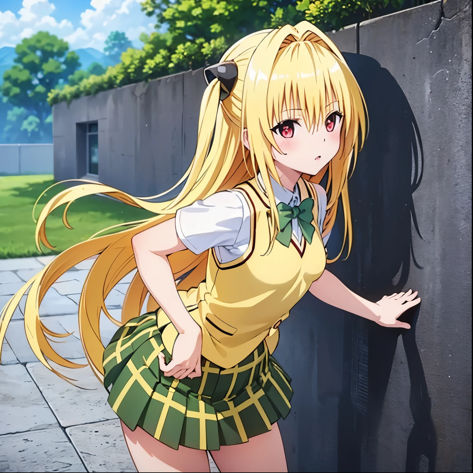 (1girl),(alone), konjiki no yami, (alone), long hair, taiyaki, blonde hair, hairpins, red eyes, very long hair, hair shots, looking at viewer, , (green bow tie:1.1) , (white shirt:1.2), vest, (yellow vest:1.4), (short sleeves:1.2), (plaid skirt:1.3), (green skirt:1.3), medium breasts, narrow waist, wide hips, wide thighs ,round butt, leaning forward, hair between eyes, blush, hair ornament, two sides up, bangs, cowboy shot, dynamic stance, ultra detailed, detailed eyes, sharp focus, masterpiece, stoic expression, blushing ,bare shoulders, standing,outdoor, day, clouds, Japanese school, leaning on the wall:1.5, patio view:1.5, window:1.5, hallway:1.5), perfect hands, perfect anatomy, floating hair, to love- ru, looking forward,((focus on breasts)),pov(from above),perfect anatomy,perfect hands