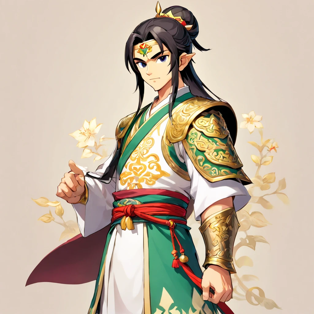 Ancient Chinese man in armor、Clever man、Looking into the camera、His hair is in a bun、Only one topknot、Black Hair、Stand and pose、Pixel art、(masterpiece, Highest quality, Highest quality), pixel,pixel art,whole body,Characters in Romance of the Three Kingdoms、Transform、Short Deformation、The head is decorated with white embroidery......、Handsome man in trousers