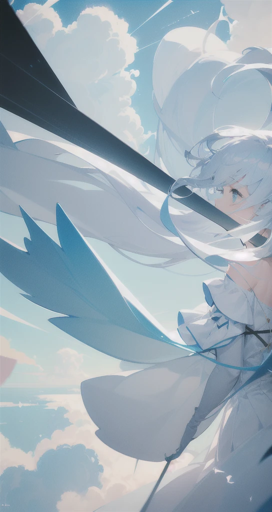 masterpiece, best quality, movie still, 1girl, floating in the sky, cloud girl, cloud, (close-up:1.1), bright, happy, fun, soft lighting, (Bauhaus, shapes, lines, abstract:1.1)