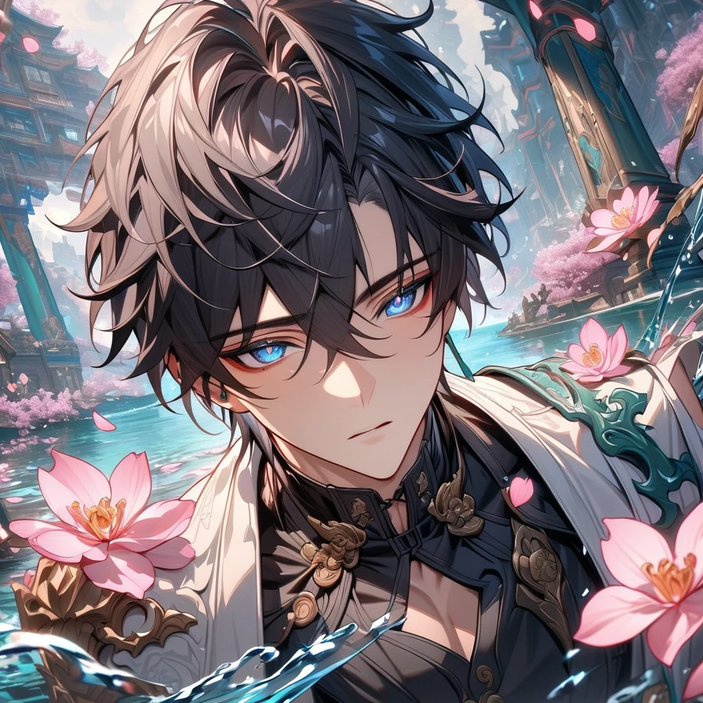 absurdres, highres, ultra detailed, HDR, master piece, best quality, Dan Heng, black hair, expressive blue eyes, Honkai Star Rail, solo, sexy man, handsome, black clothes, white coat, water, magic, blossoms, pink flowers, pink petals, fantasy, radiant