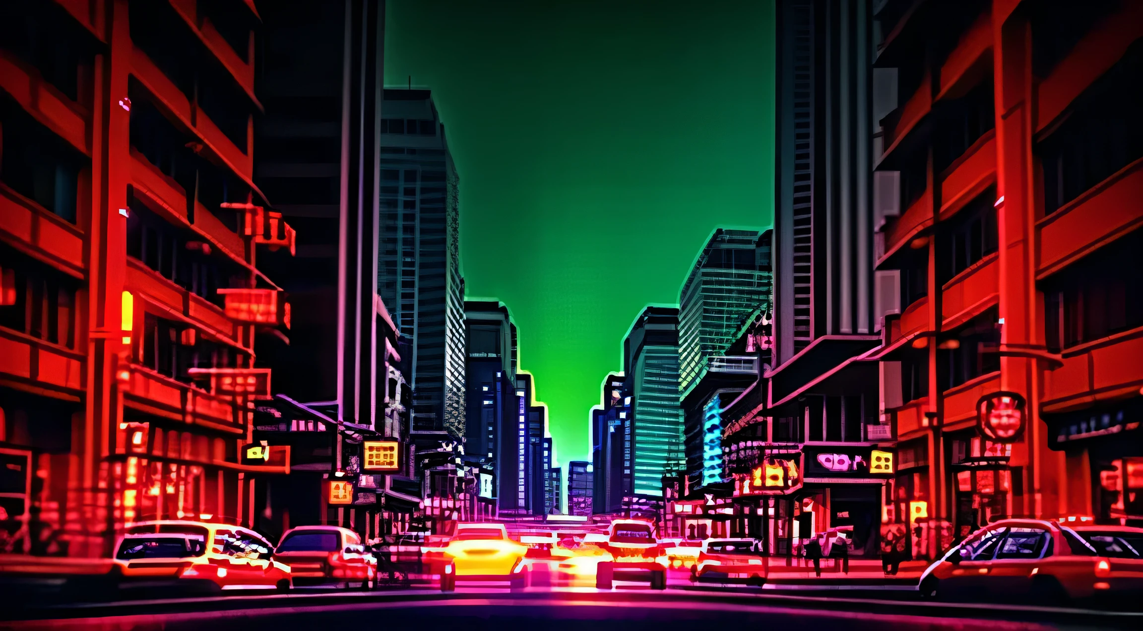 A beautiful night view seen through the windshield of a car. The city is filled with shining neon lights and tall skyscrapers. The road is illuminated by the red tail lights of cars, with reflections on the windshield. A few stars are visible in the night sky, with the moon shining brightly. The view is from inside the car, showing the dashboard and steering wheel.