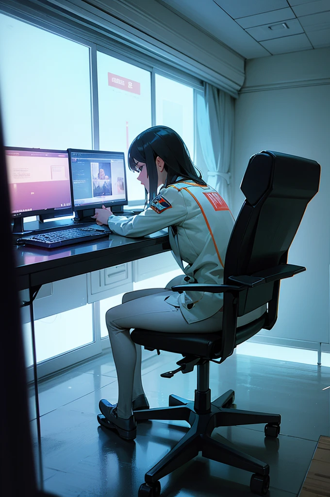 In front of the window there is a computer desk with a monitor and a chair., Futuristic room background, retro Futuristic apartment, Futuristic room, Futuristic interior, Desktop Graphics, Futuristic. Game CG, Futuristic decor, 3D iOS Room Photos, cgsociety 9, Gorgeous 3D rendering, Stunning 3D rendering, Stunning 3D rendering, Cyberpunk apartment, old man sitting, fire