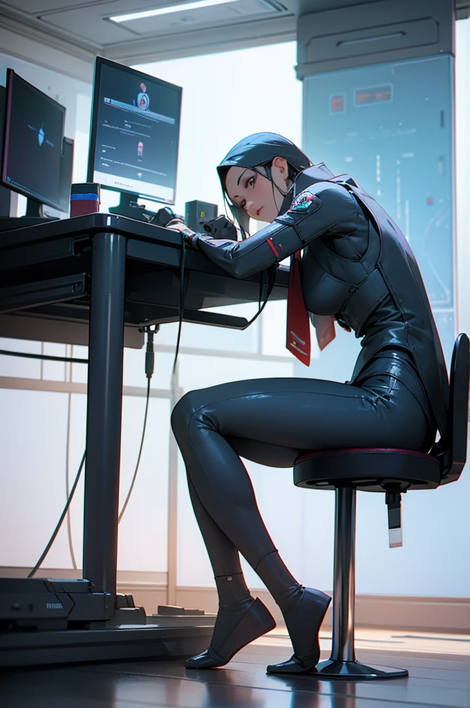 In front of the window there is a computer desk with a monitor and a chair., Futuristic room background, retro Futuristic apartment, Futuristic room, Futuristic interior, Desktop Graphics, Futuristic. Game CG, Futuristic decor, 3D iOS Room Photos, cgsociety 9, Gorgeous 3D rendering, Stunning 3D rendering, Stunning 3D rendering, Cyberpunk apartment, old man sitting, fire