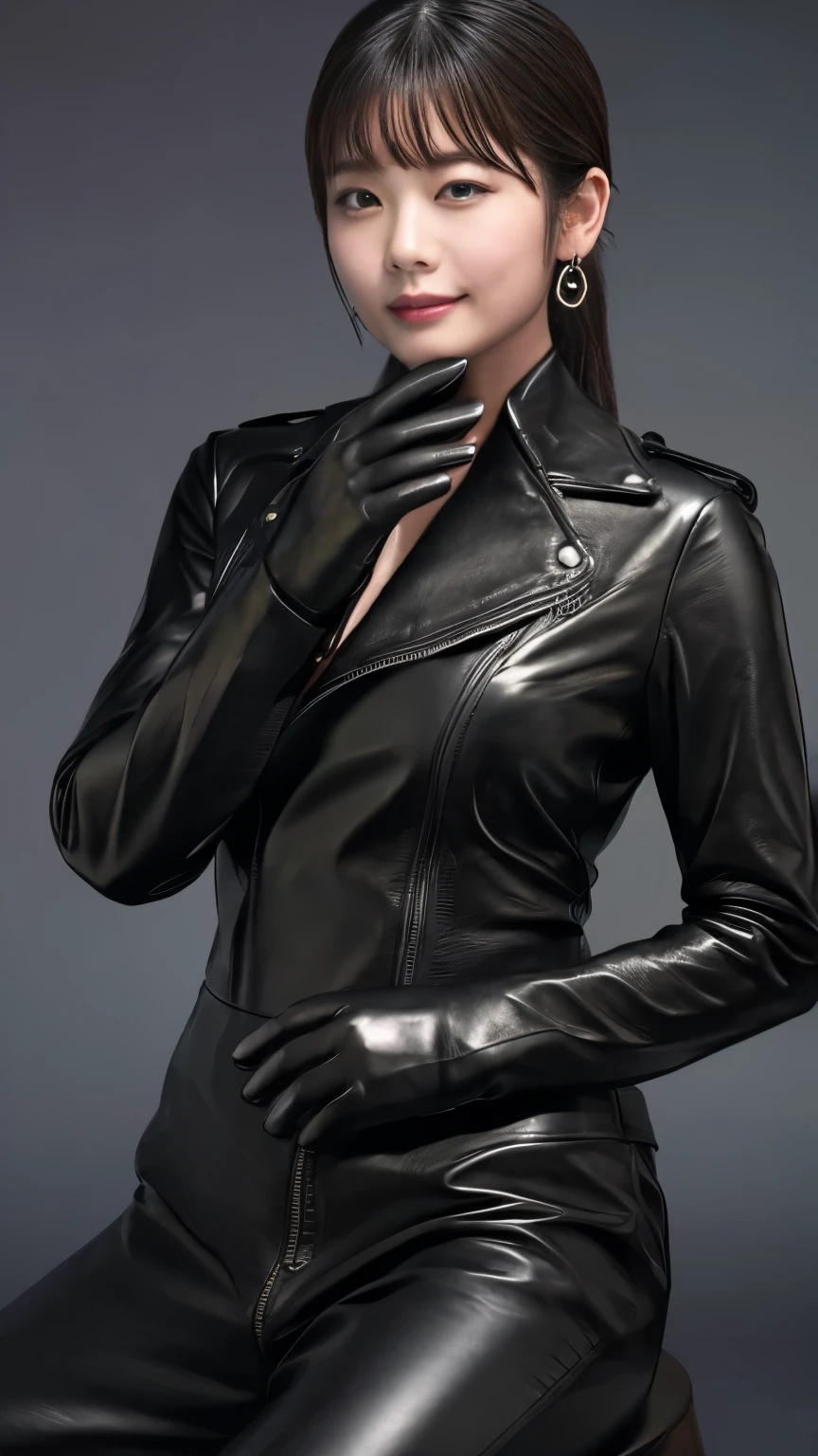 black leather rider jacket, , Black leather gloved fingertips on both hands,Wearing black leather gloves,Sitting in a black leather chair、 Japanese female new recruits (Black leather gloves cover both hands) (The angle is horizontal)、Black Leather Pants,Black Leather Black Leather Pants,Black Leather Skinny Pants、Long black leather boots on both feet、((He wears black leather gloves on his hands))Full Body Photo,full body shot full body full body leather suit,☺If you turn in this direction。Wearing black leather gloves,Wearing black leather gloves,Wearing black leather gloves,Wearing black leather gloves,Wearing black leather gloves,Wearing black leather gloves,黒のレザーパンツが美しい😍黒のレザーパンツが美しい😍黒のレザーパンツが美しい,😍Smiling while looking at me,City lights、Life-size (Neon Light)、Detailed lighting Best image quality、Ultra-high resolution、(realism:1.4)、Japanese Beauty Star、The most beautiful JPOP stars、face、Horny Korean Makeup、A body that makes you want to touch it、Realistic leather texture、Costume made of smooth leather fabric、The drape of the curved parts of the leather fabric、The costume is very shiny、Quality of the costume、8K Photo Quality