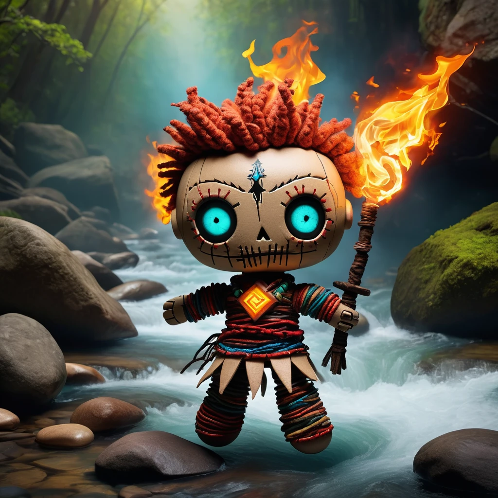 (knitted toy voodoo doll:1.7), (Voodoo Ancient Avatar of Elements:1.3), (Clothing: shirt and pants of fabric shifting through elemental colors - fire, water, earth, air, metal breastplate with inlaid elemental stones:1.0), (Accessories: staff changing form based on element, obsidian mask with fiery eyes, necklace with elemental amulets:1.2), (background: clearing where all elements converge - flowing river, burning forest, swirling air, and floating rocks:1.2), best quality, masterpiece, detailed soft oil painting, detailed background, dramatic cinematic lighting, soft edge lighting, professional, dramatic lighting, hard edge lighting, ultra quality, 4k, masterpiece, best quality, 8k, ultra high definition, high resolution, extremely detailed