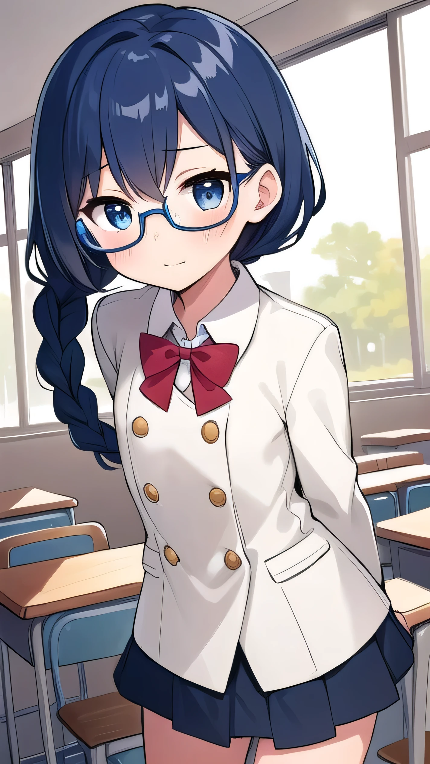 small breasted girl, short, , blue hair, single braid, blue eyes, round eyes, shy, shy, classroom, short, young face, short height, , glasses with no edges,flat chest,