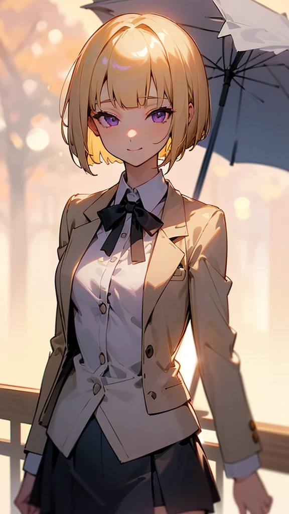 1 Girl、8K、Sharp focus、(Bokeh) (Highest quality) (Detailed skin:1.3) (Intricate details) (anime)、(blonde)、short hair、Bobcut、Blunt bangs、Beautiful purple eyes、Slender body、White shirt、Black mini skirt、Black Fitted Blazer、Side body、Calm face、Mouth closed、Cheeky Smile、Squint your eyes、Park in the background、sunset、Soft lighting.