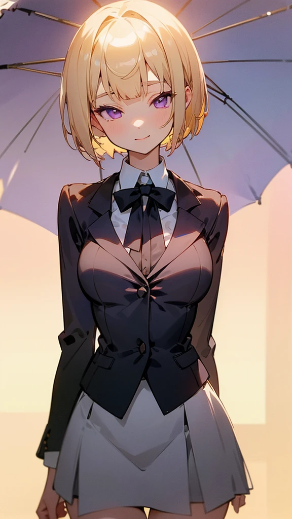 1 Girl、8K、Sharp focus、(Bokeh) (Highest quality) (Detailed skin:1.3) (Intricate details) (anime)、(blonde)、short hair、Bobcut、Blunt bangs、Beautiful purple eyes、Slender body、White shirt、Black mini skirt、Black Fitted Blazer、Side body、Calm face、Mouth closed、Cheeky Smile、Squint your eyes、Park in the background、sunset、Soft lighting.