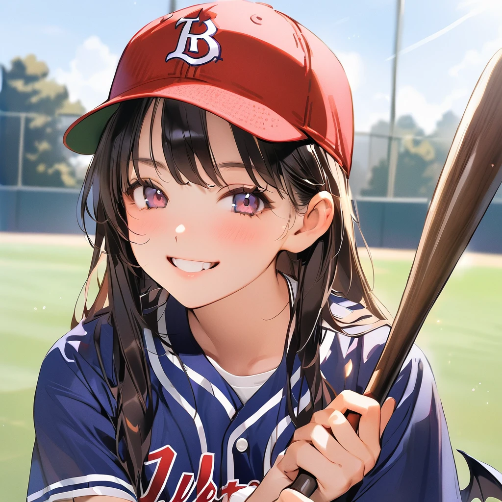 Holding the bat, girl, 16 years old, smile, , Baseball uniform、Background School grounds