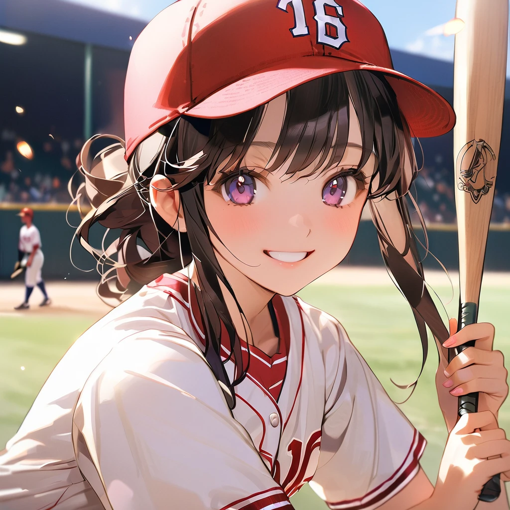 Holding the bat, girl, , smile, , Baseball uniform、Background School grounds