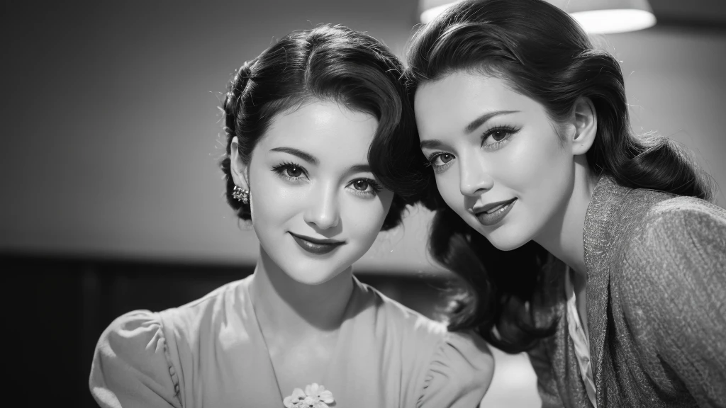 (1940s women:1.3), (1women:1.3), smile shyly, (highly detailed face), (extremely detailed beautiful face), (Early Showa hairstyle, retro hairstyle, 1940 fashionable clothing, oldies fashion:1.3), (Best Quality:1.4), (Ultra-detailed), extremely detailed CG unified 8k wallpaper, Realistic portrait, Beautiful detailed, High-definition raw color photos, professional photography, (fine face:1.2), focus on women, (oldies, oldies songs, Old photos, retro photos, sepia photos, black and white photos, valuable photos that give you a sense of the times), A scene from a retro movie from the 1940s,