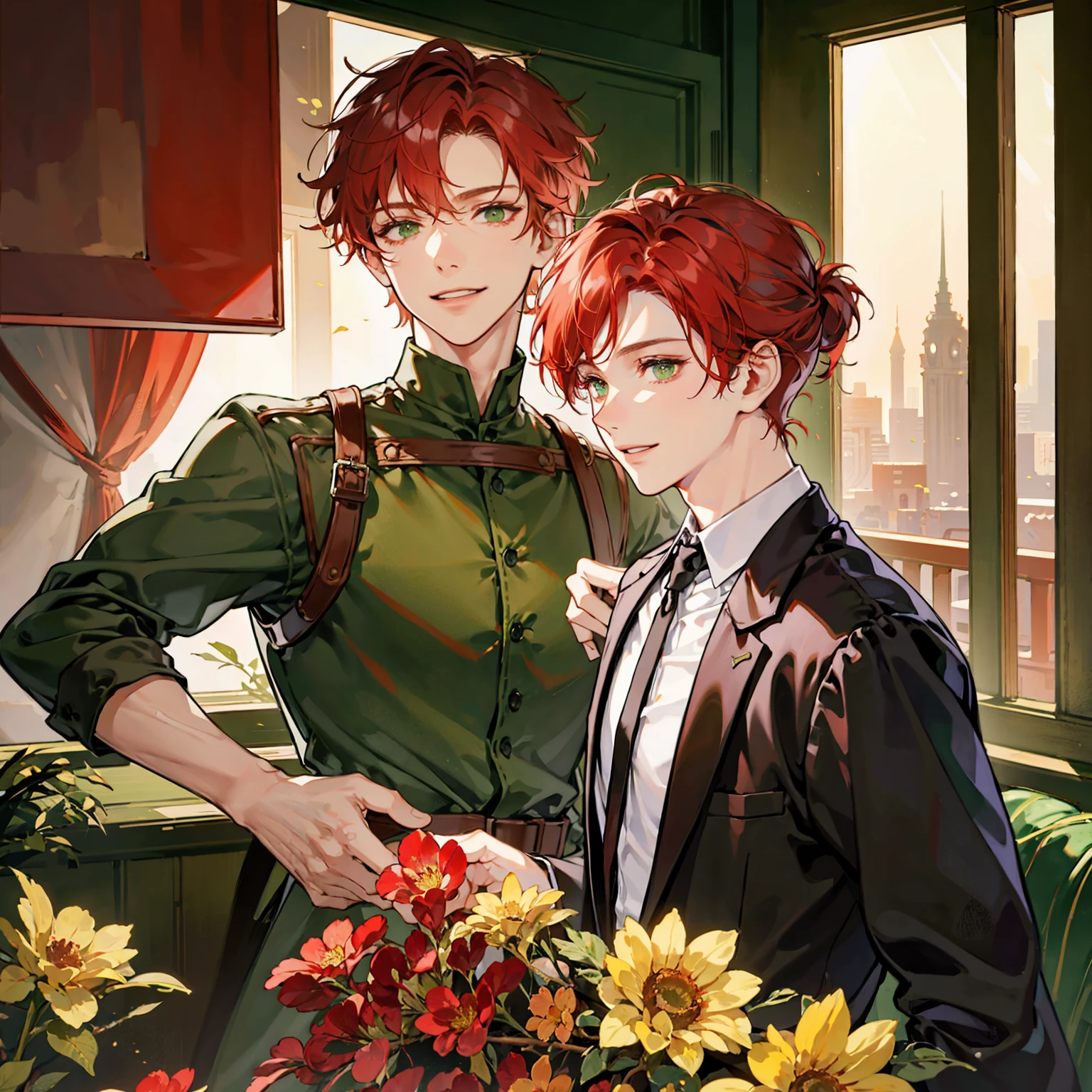 Red-haired man, with olive green eyes, short hair, putting hair up with his hands, smiling, very handsome, cinematic lighting, looking at the viewer, close up shots