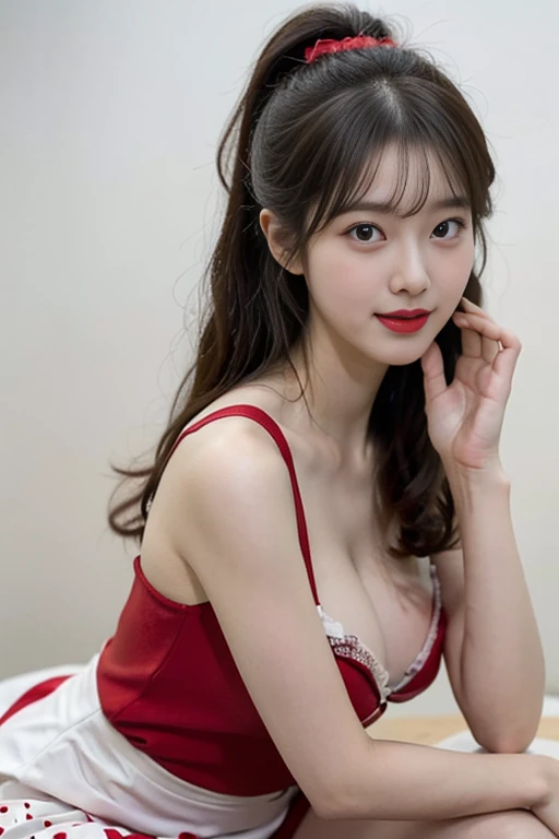 Seoul, 1952, A young korean beautiful girl, 22-year-old, sexy girl, strikingly beautiful, black hair, big breasts, delicate facial features, porcelain skin, expressive eyes, Full body, creating a mysterious and sexy image. Model dressed in pin-up style with curly hair styled "victory rolls" dark hair and curly bangs. Her plump red lips make her look sexy. She has average breast size. posing in various sexual positions. Against a white background, she appears in a red retro dress with large polka dots with a fluffy, voluminous ballerina skirt. She has a red bandana on her head, and on her feet there are red stockings. The photo is made in pin-up style, emphasizing the retro-USA vibe. Her sexy look, she looks at me, and blows a kiss, give the photo a special charm. she is surprised, she is flirting, her mouth is open, she is laughing without makeup, her mouth is open,