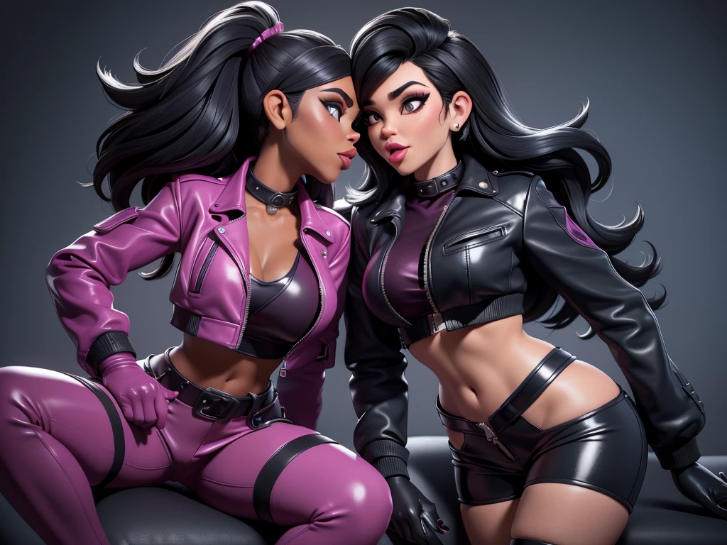obra prima, melhor qualidade, ((kourtney kardashian, dark skin, straight black hair,)) head back, sassy wicked sultry, open mouth, pucker mouth, big teeth smile, shiny periwinkle lipstick, sunglasses, ((thick smoky black eye shadow, long fake eyelashes, sticking tongue out,)) (cerulean blue leather jacket with puff shoulder,) biker jacket has stiff collar, leather blouse, ((magenta pvc shorts, pockets, unzipped front,)) studs zippers snaps, shiny leather gloves, nip slip, body is skinny, laying down hugging each other on sofa, shiny tight buttocks, arched back, mashing breasts, ((passionate kissing, pelvis grinding,)) camera view of whole body, looking up at me, shallow depth of field, highres, HD, 8k, anatomically correct