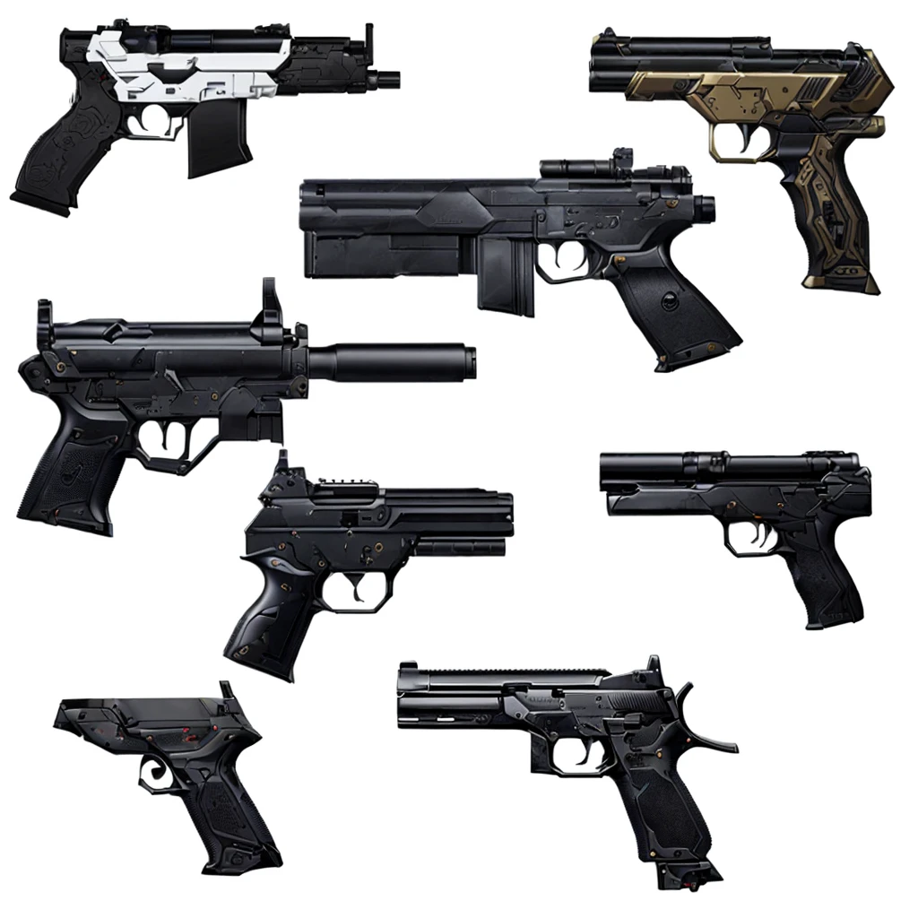 アニメ調の拳gun、a group of six different types of gun on a white background, realistic weapons, realistic gun, Lots of weapons, weaponsコンセプトデザイン, Product photo from Gun Magazine, handgun, リアルなgunのデザイン, pistol, weapons concept art, movie gun器, gun器 photography, gun器, Weapon concept art, Realistic Weapons, 軍事weapons, gun, weapons, Pickle Range